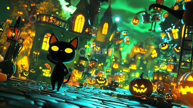 高清大图下载【趣麦麦图】万圣节夜景中的黑猫