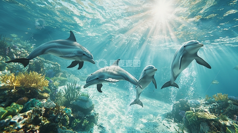 高清大图下载【趣麦麦图】海豚与珊瑚礁下的阳光