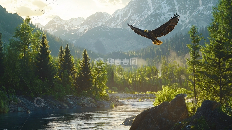 高清大图下载【趣麦麦图】雪山河流飞鹰自然风光