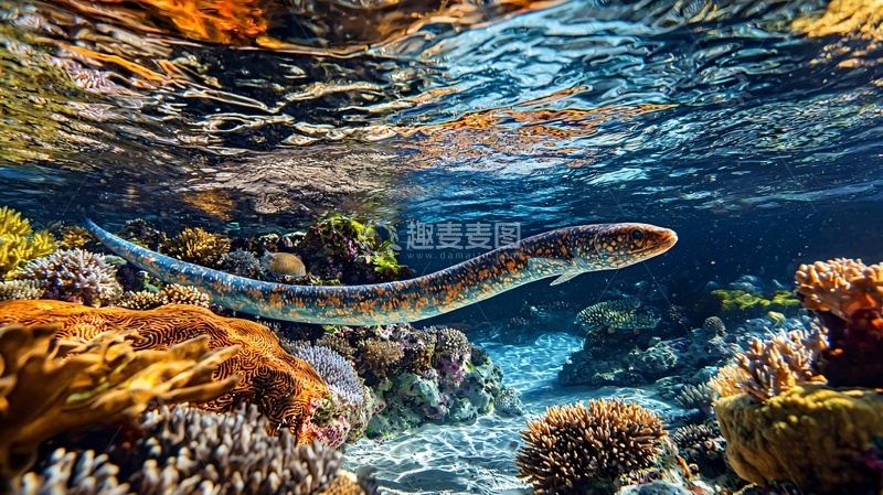 高清大图下载【趣麦麦图】海底珊瑚礁中的蛇鱼