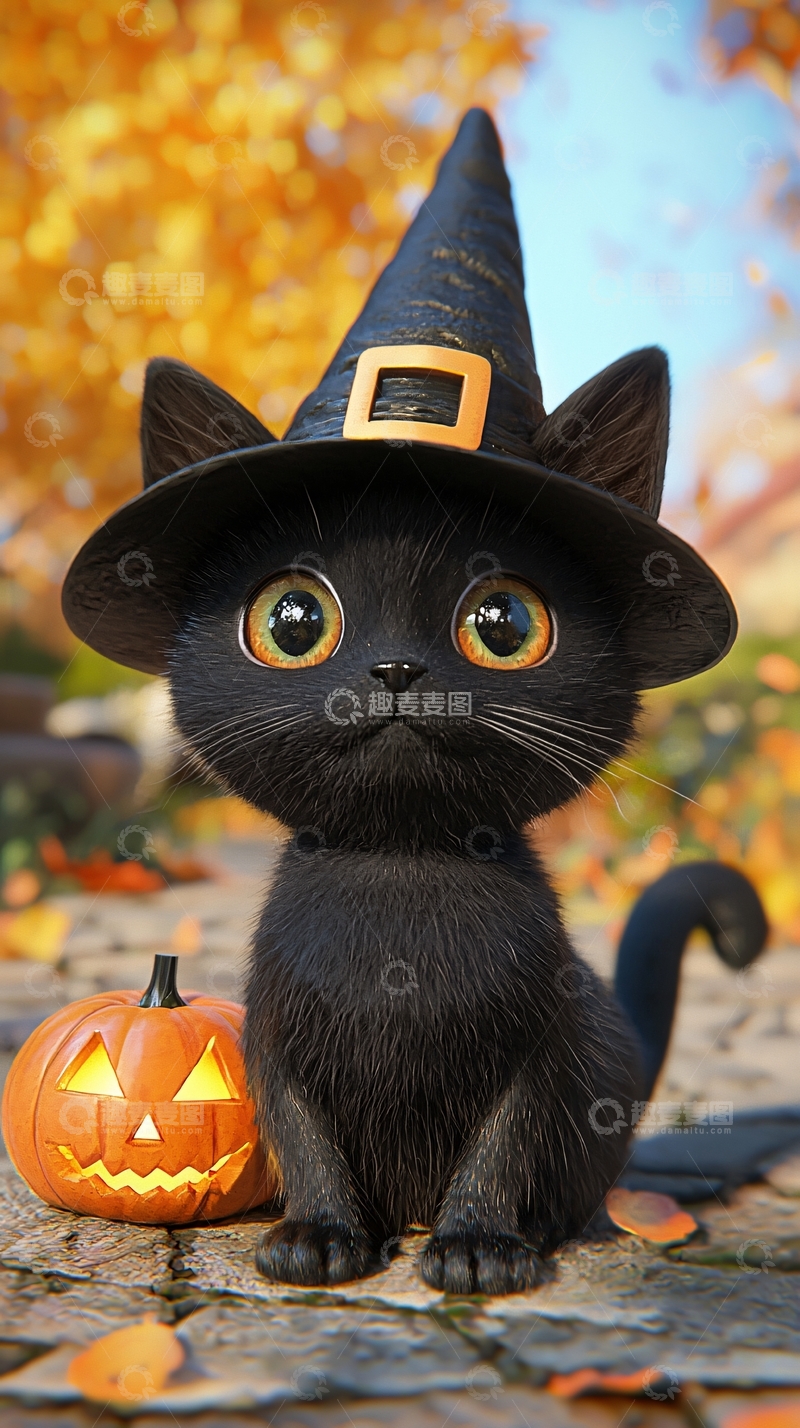 高清大图下载【趣麦麦图】万圣节黑猫南瓜灯背景