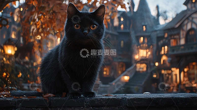高清大图下载【趣麦麦图】黑猫与古堡的秋日黄昏