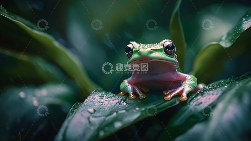 高清大图下载【趣麦麦图】雨后绿叶上的青蛙