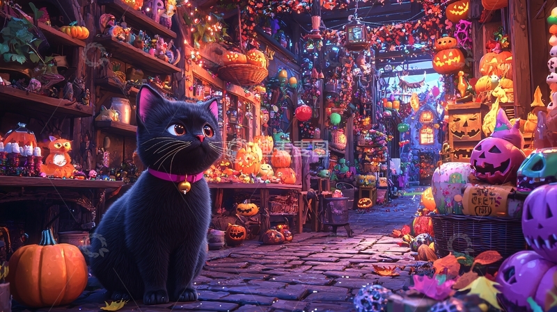 高清大图下载【趣麦麦图】万圣节黑猫与南瓜灯市场