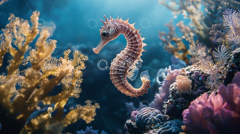 高清大图下载【趣麦麦图】海底海马与珊瑚礁