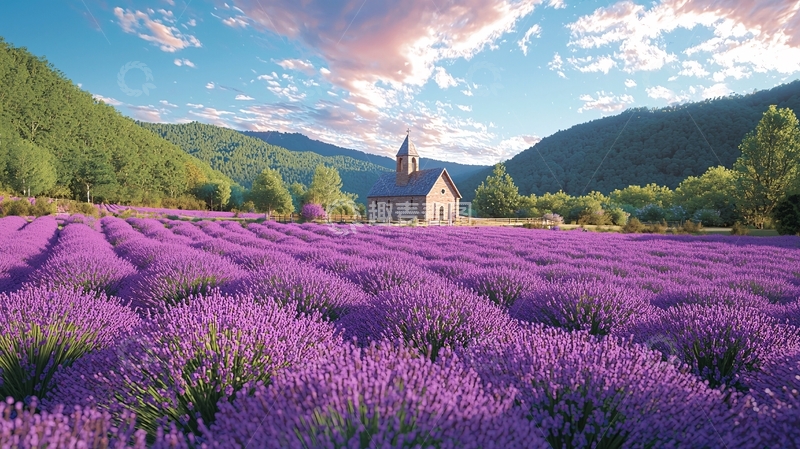 高清大图下载【趣麦麦图】蓝天下的薰衣草花海与教堂