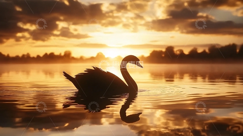 高清大图下载【趣麦麦图】夕阳下的天鹅剪影