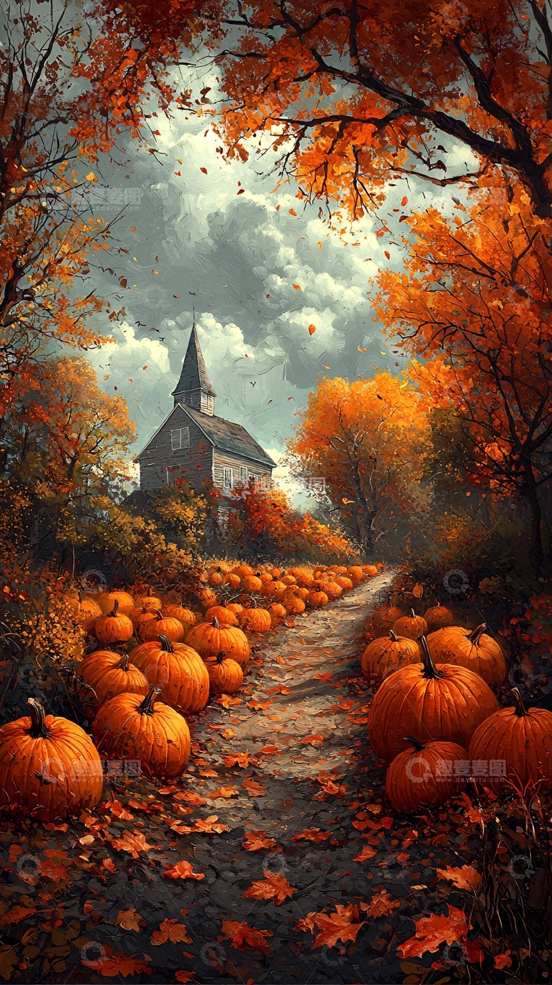 高清大图下载【趣麦麦图】秋天的南瓜与农场小屋插画