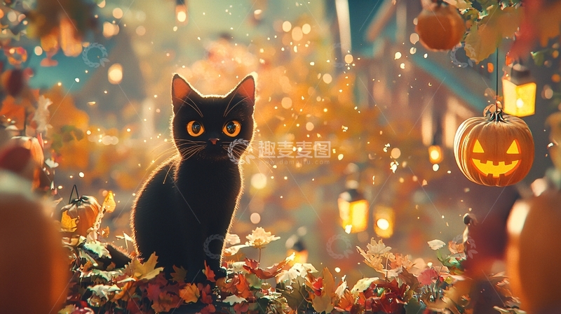 高清大图下载【趣麦麦图】万圣节黑猫与南瓜灯