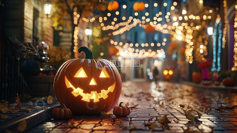 高清大图下载【趣麦麦图】万圣节南瓜灯街道夜景