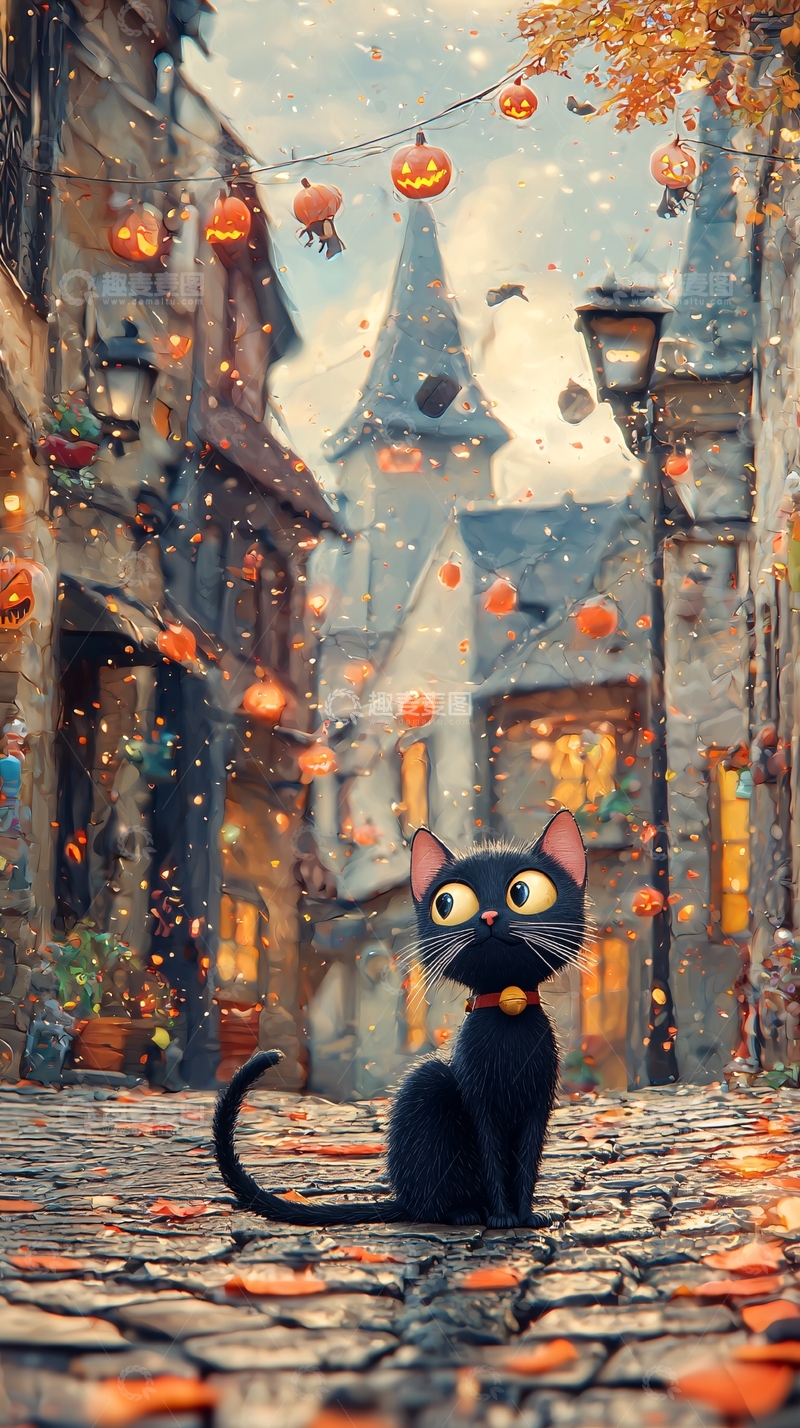 高清大图下载【趣麦麦图】万圣节黑猫小镇夜景