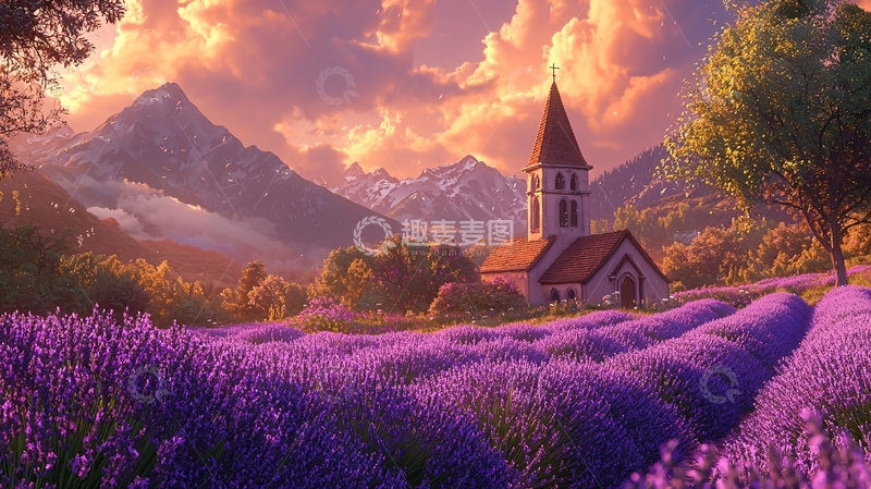 高清大图下载【趣麦麦图】蓝天下的薰衣草花海与小教堂