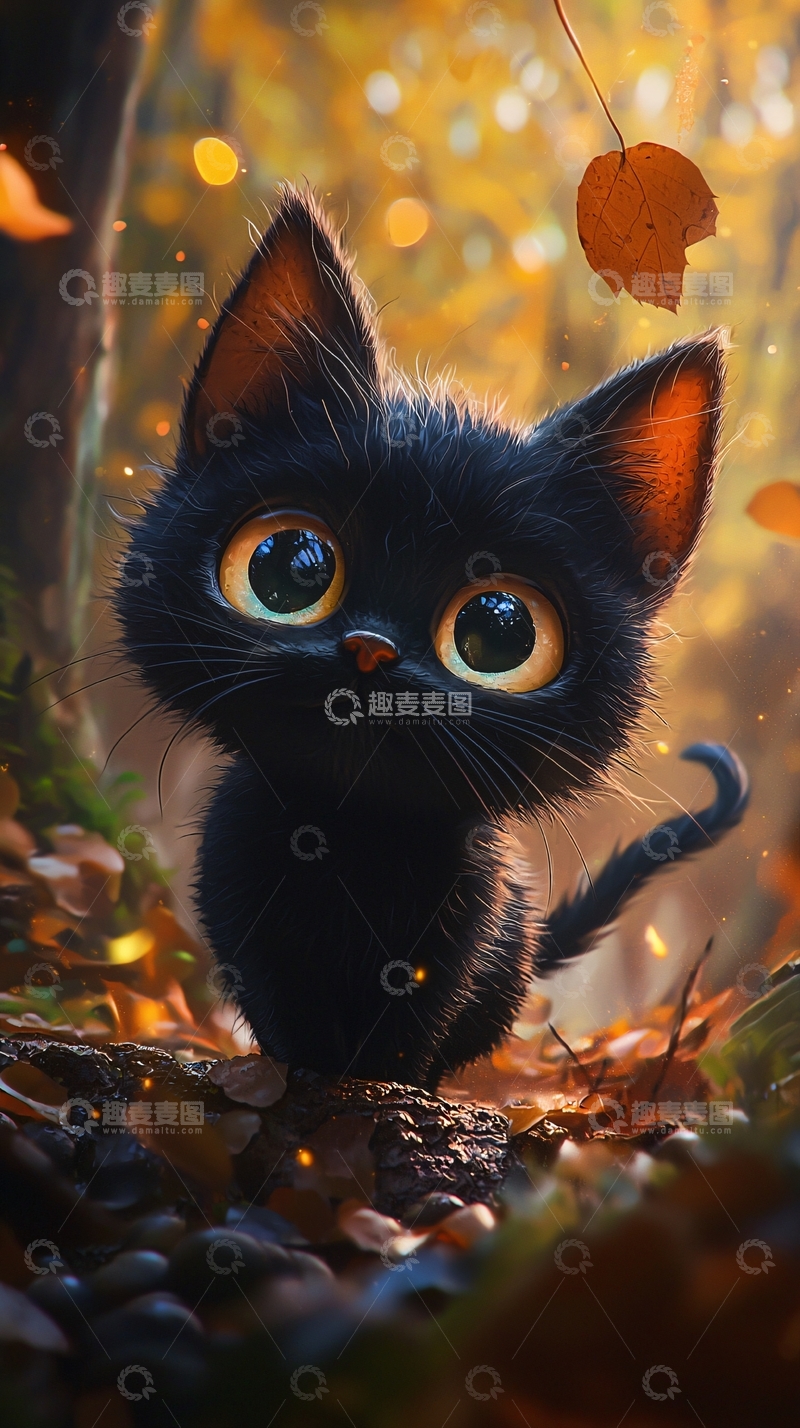 高清大图下载【趣麦麦图】秋日森林中的小黑猫