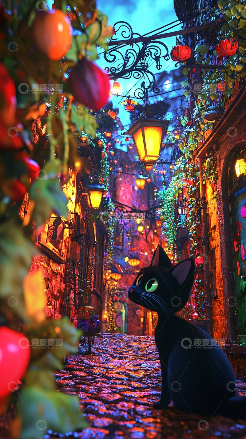 高清大图下载【趣麦麦图】夜晚巷子里的黑猫