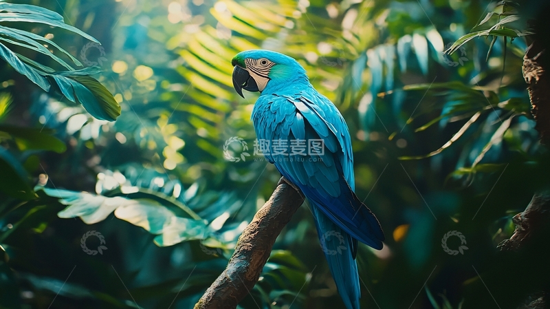 高清大图下载【趣麦麦图】蓝金刚鹦鹉栖息在树上