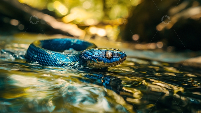 高清大图下载【趣麦麦图】蓝色水蛇在水中游动