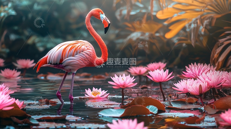 高清大图下载【趣麦麦图】粉红火烈鸟与睡莲的梦幻场景