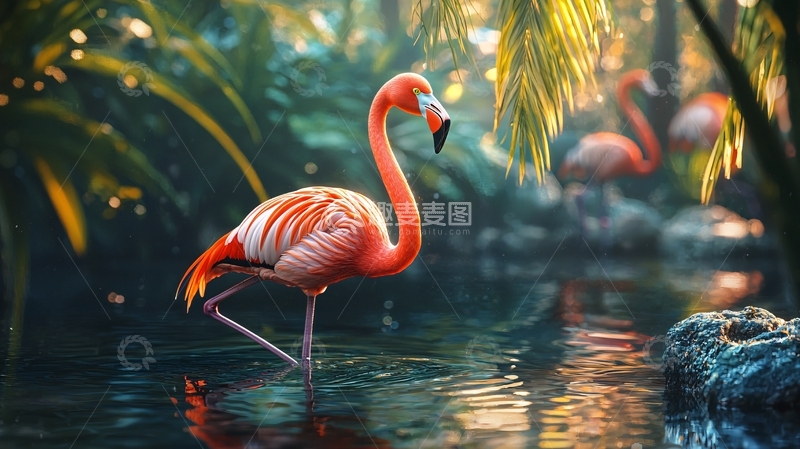 高清大图下载【趣麦麦图】粉红火烈鸟在水中漫步