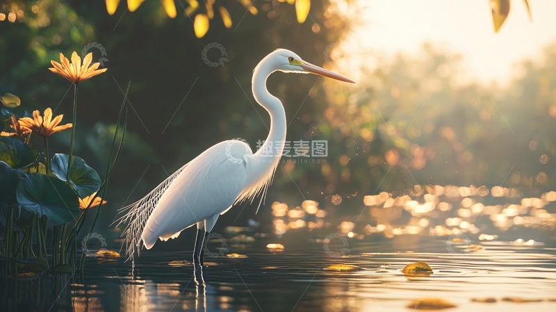 高清大图下载【趣麦麦图】白鹭湖边晨光微照