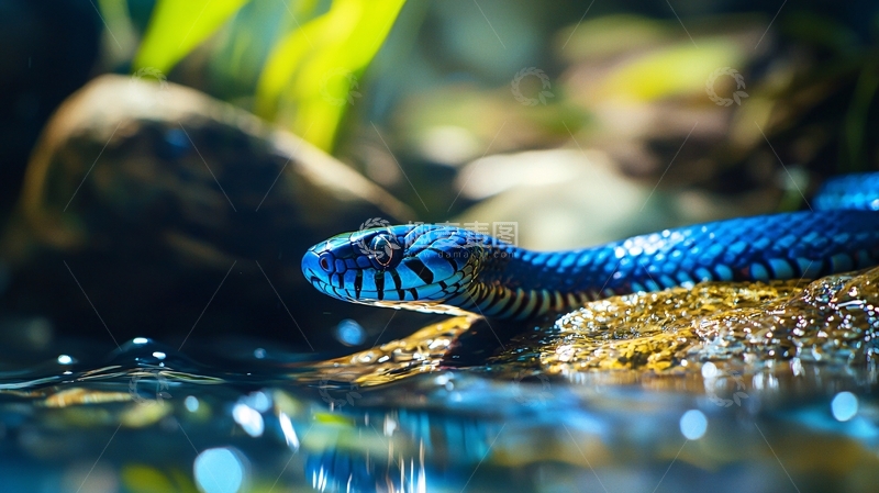 高清大图下载【趣麦麦图】蓝色水蛇在水中游动
