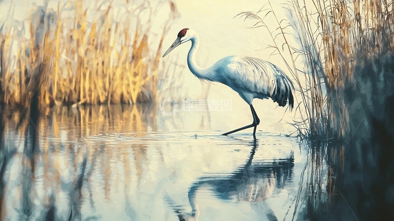 高清大图下载【趣麦麦图】晨光中的鹤与芦苇