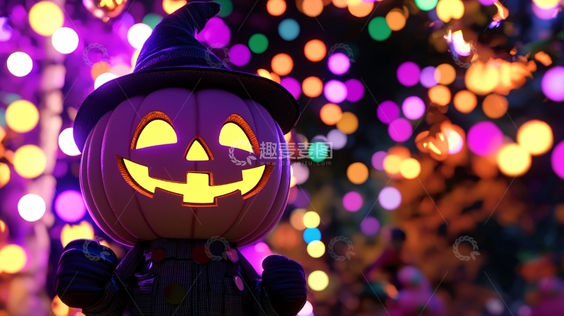 高清大图下载【趣麦麦图】万圣节南瓜灯与彩色灯光背景