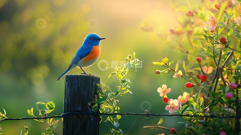高清大图下载【趣麦麦图】蓝鸟与春日花木