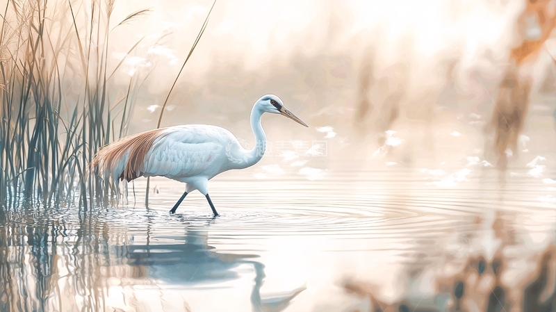 高清大图下载【趣麦麦图】晨光中的白鹤漫步于水边