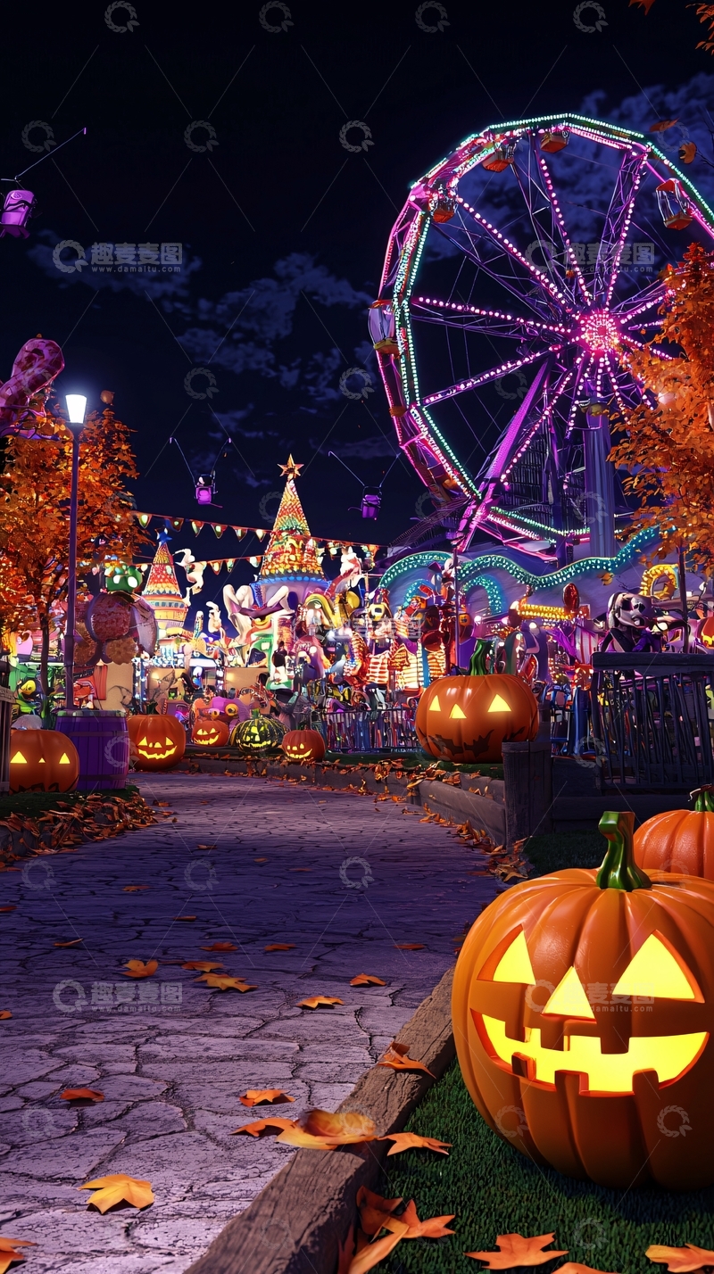 高清大图下载【趣麦麦图】万圣节主题游乐园夜景