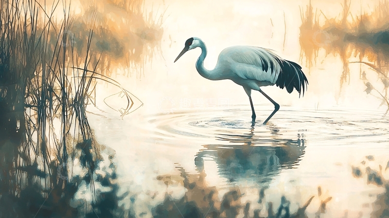 高清大图下载【趣麦麦图】晨雾中的鹤影