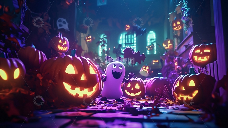 高清大图下载【趣麦麦图】万圣节南瓜灯与幽灵装饰场景