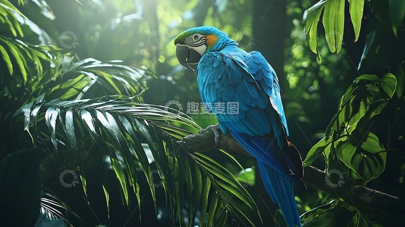高清大图下载【趣麦麦图】蓝金刚鹦鹉栖息在热带雨林