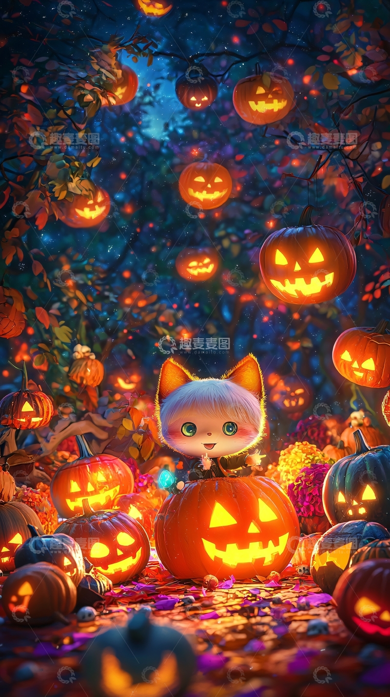 高清大图下载【趣麦麦图】万圣节夜猫与南瓜灯