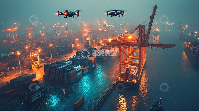 高清大图下载【趣麦麦图】自动驾驶港口与蓝色无人机物流系统