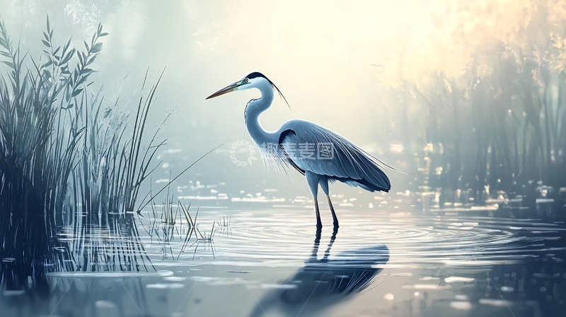 高清大图下载【趣麦麦图】晨雾中的苍鹭