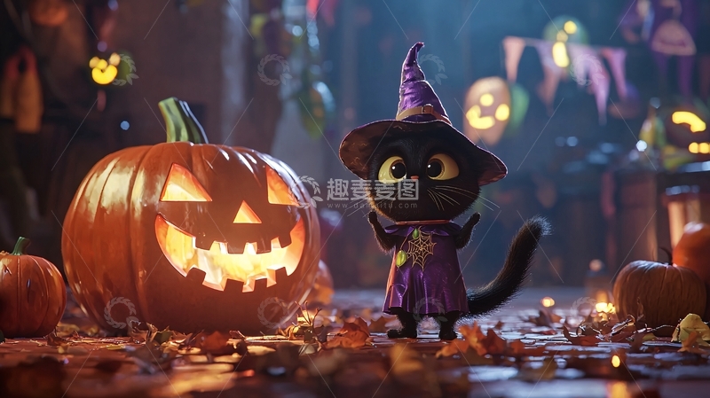 高清大图下载【趣麦麦图】万圣节黑猫南瓜灯场景