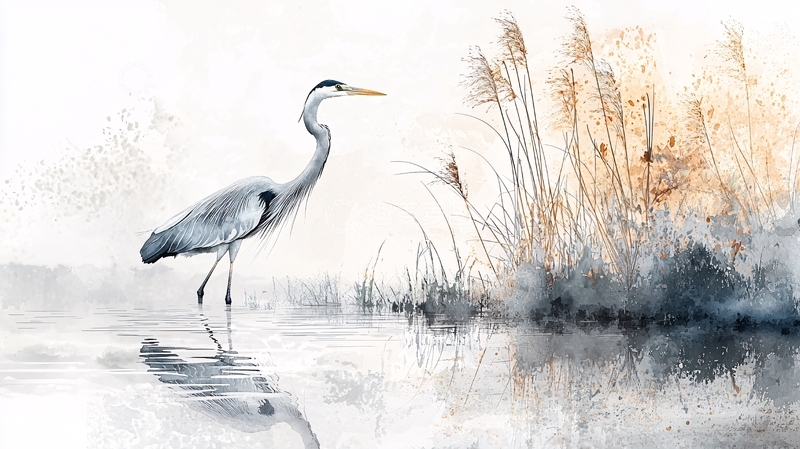 高清大图下载【趣麦麦图】晨雾中的苍鹭与芦苇