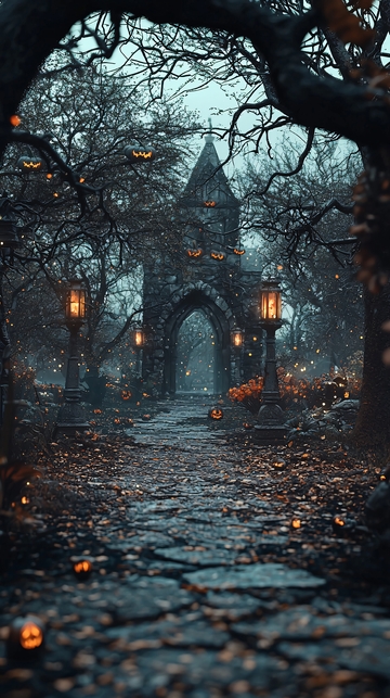 万圣节幽灵城堡夜景