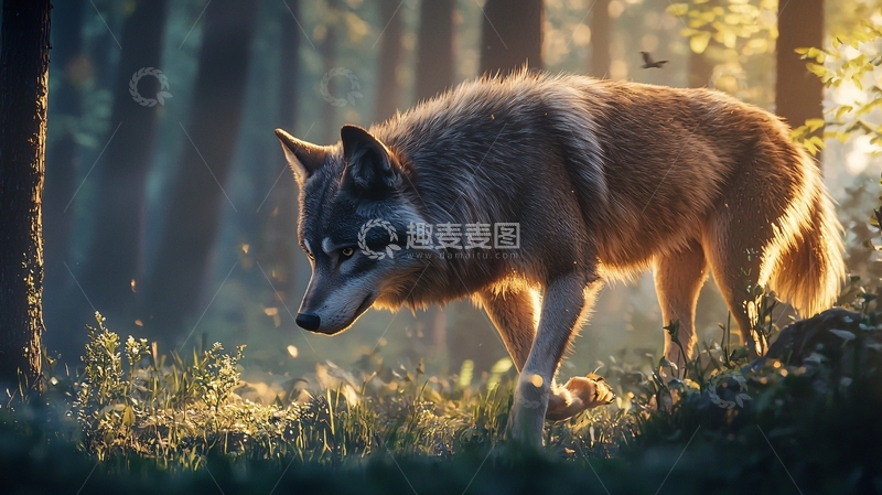 高清大图下载【趣麦麦图】晨光中的森林狼