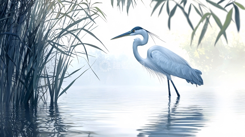 高清大图下载【趣麦麦图】晨雾中的白鹭与芦苇