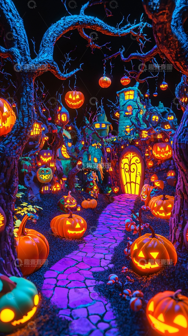 高清大图下载【趣麦麦图】万圣节南瓜灯森林小径