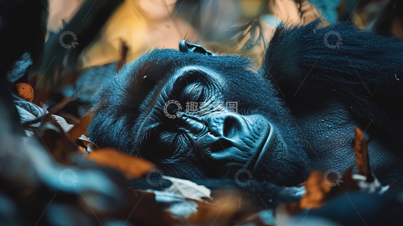 高清大图下载【趣麦麦图】黑猩猩休息在树叶中