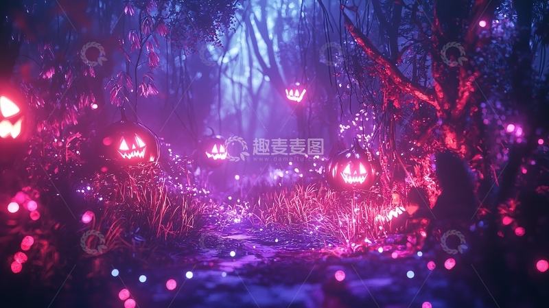 高清大图下载【趣麦麦图】万圣节森林南瓜灯夜景