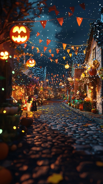 万圣节夜晚装饰的石板路