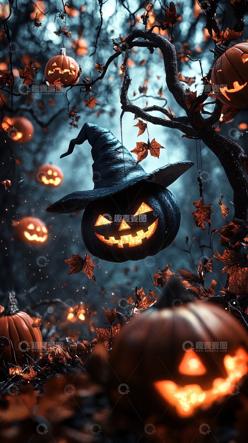 高清大图下载【趣麦麦图】万圣节南瓜灯与巫师帽