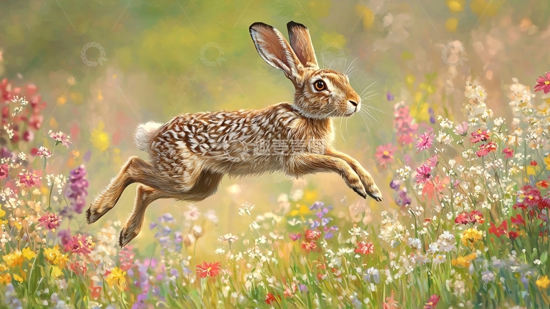 高清大图下载【趣麦麦图】奔跑的兔子在花丛中