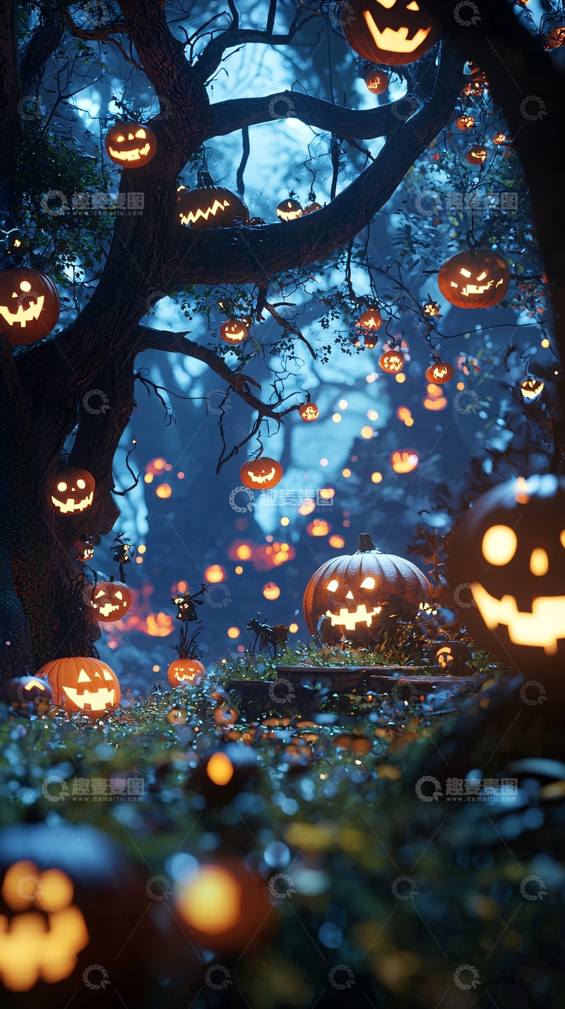 高清大图下载【趣麦麦图】万圣节南瓜灯森林夜景