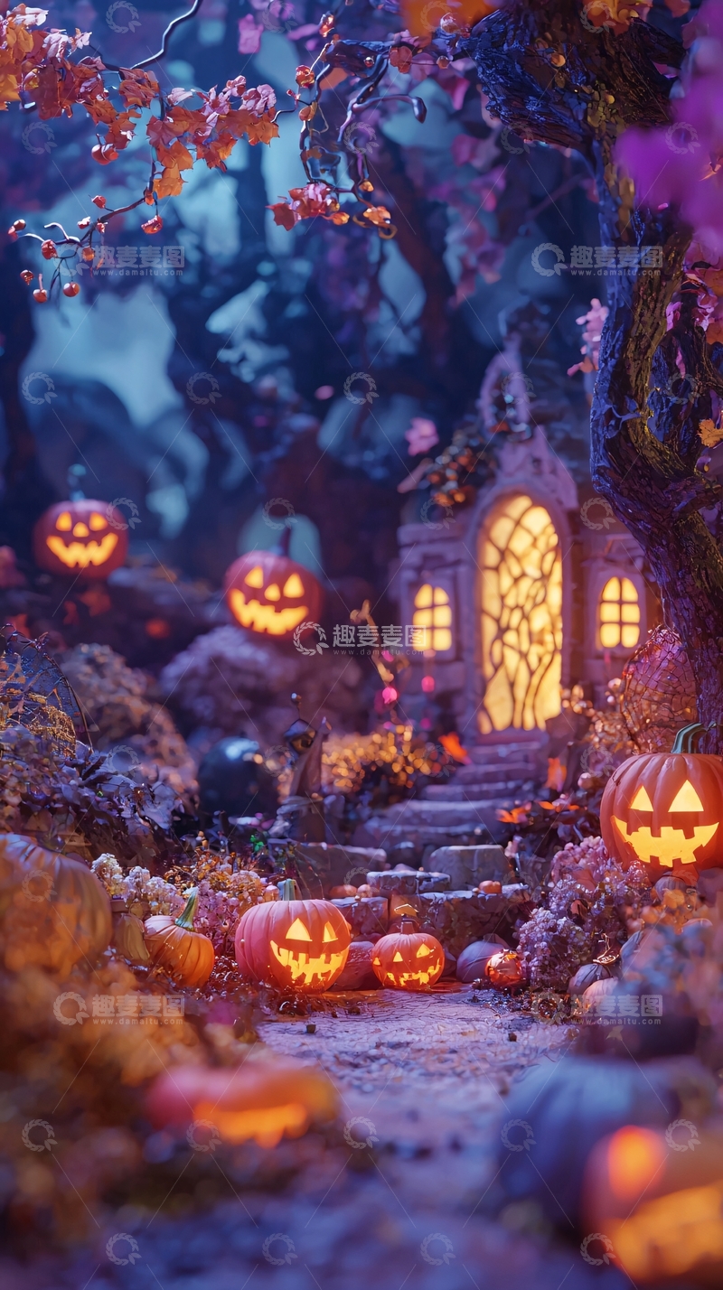高清大图下载【趣麦麦图】万圣节南瓜灯森林小径