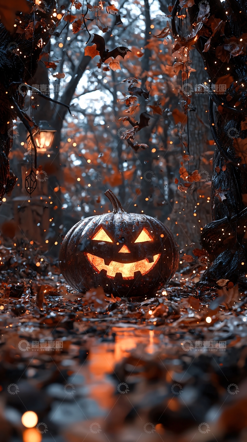 高清大图下载【趣麦麦图】万圣节森林中的南瓜灯