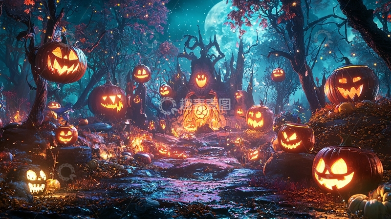 高清大图下载【趣麦麦图】万圣节森林南瓜灯夜景